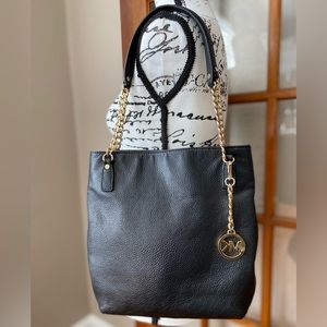 SOLD - MICHAEL KORS Two-Way Black Leather Shoulder Bag Gold Hardware